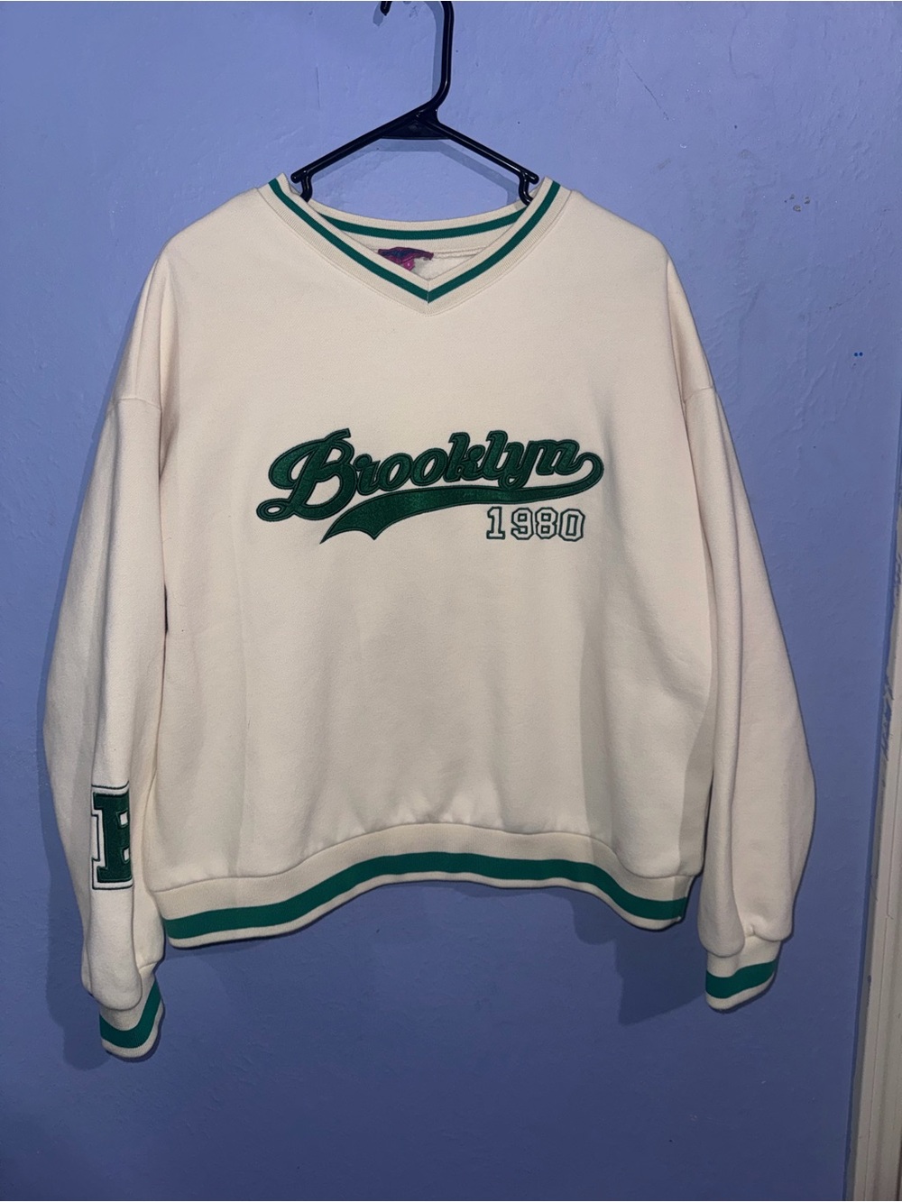 Edikted Cream V-Neck Sweater with Green Trim